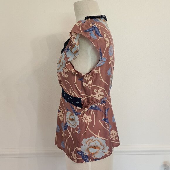 Odille Floral Print Silk Top With Ruffle Trim & Cap Sleeves Size 6 - Picture 7 of 7